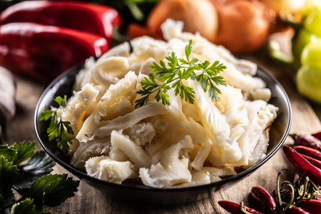 Precooked beef tripes in a bowl with vegetables and herbs ready for cooking.