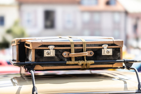 Old suitcases on the hood of a historic car somewhere in the city. Fun travel concept.の写真素材