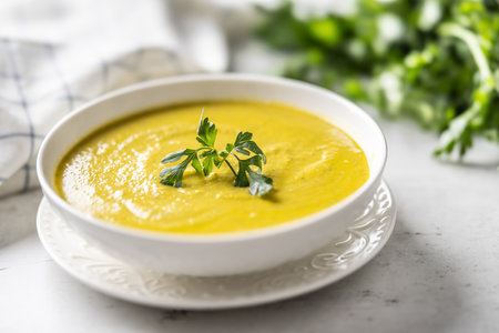 Healthy creamy vegetable soup in a white bowl.の写真素材