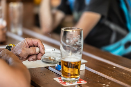 A group of friends are sitting in a pub, smoking cigarettes and drinking beer.