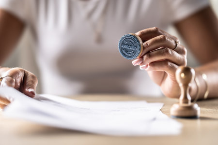A notary, judge or other official holds a stamp that says Approved. Concept of official permission...