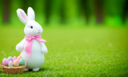 stuffed easter bunny with basket of easter eggs on the grass with a defocused background, AI generated imageの素材