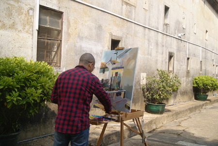 Closeup of a man is drawingのeditorial素材