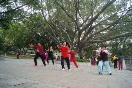 People practicing tai chi in the park at Shenzhen, Chinaのeditorial素材