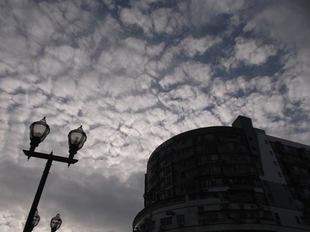 Blue sky and white clouds and street lampsのeditorial素材