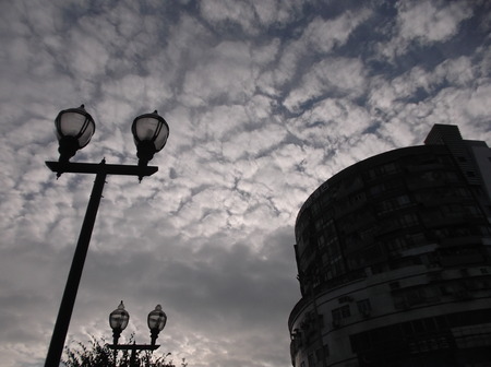 Blue sky and white clouds and street lampsのeditorial素材