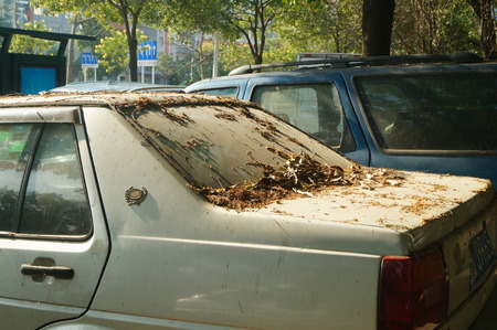 abandoned car parked on the roadsideのeditorial素材