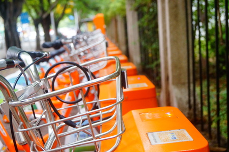 Bicycle rental, in the streets of Shenzhen, Chinaのeditorial素材