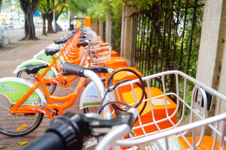 Bicycle rental, in the streets of Shenzhen, Chinaのeditorial素材