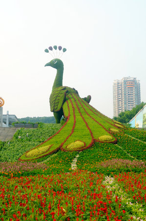 The green giant statue of a peacock,  Shenzhen Garden Expoのeditorial素材
