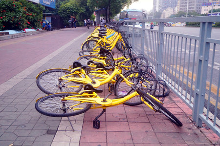 Shared bicycles on street parking. In Shenzhen, china.のeditorial素材