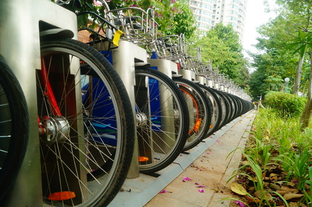 Public bike rental facilities and display of bicycle close-up view