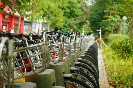 Public bike rental facilities and display of bicycle close-ups. In shenzhen, China.のeditorial素材