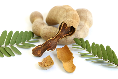 Closeup set of brown sweet ripe tamarinds with green left on white backgroundの写真素材