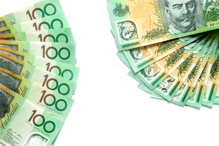 group of 100 dollar Australian notes on white background have copy space for put textの写真素材