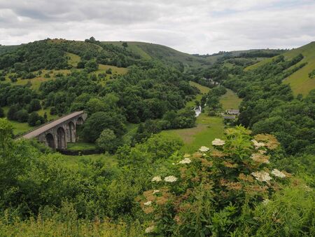 The Headstone Viaduct at Monsal Head and now part of the Monsal Trail which follows the former Midland Railway line along the Wye valley, Peak District National Park, UKの写真素材