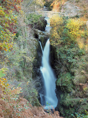 Water cascading down Aira Force waterfall through colourful Autumn leaves and rocks covered in green moss, near Ullswater, Lake District, UKの写真素材