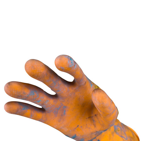 dirty orange rubber gloves isolated on white background with clipping path