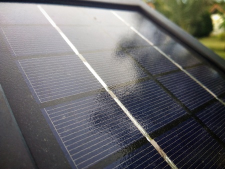 close up cell of solar cell head to sun light for green energyの写真素材