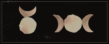 Wiccan Symbols in retro style on dark background. Magical watercolor print. Isolated vector...