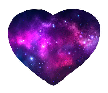 Painted Galaxy in Heart Shapes Isolated on White Background. Happy Valentines Day Watercolorのイラスト素材