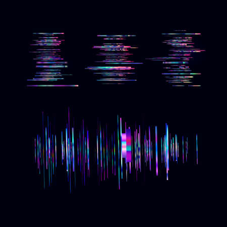 Trendy line art pattern with glitch on dark background. Modern style vector. Abstract blue geometric elementsのイラスト素材
