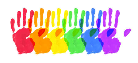 Vector Watercolor Painted Hands. Colorful Rainbow Pride Symbols Isolated on White Paper