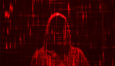 Silhouette of a hacker on a background with binary code and lights, theft of data