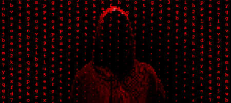 Silhouette of a hacker on a background with binary code and lights, hacking of a computer systemのイラスト素材