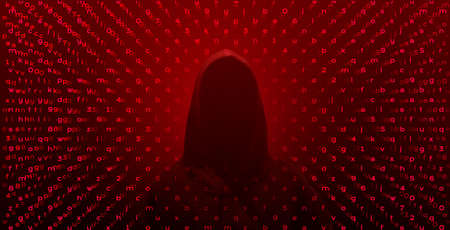 Computer hacker on abstract binary code background. Hacking