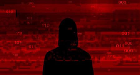 Computer hacker on abstract binary code background. Hacking