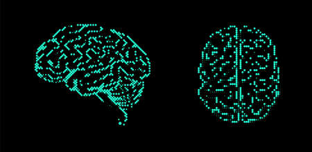 Brain dot art icon set isolated on black