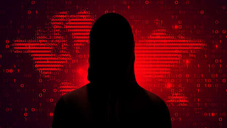 Computer hacker on abstract binary code background. Hacking