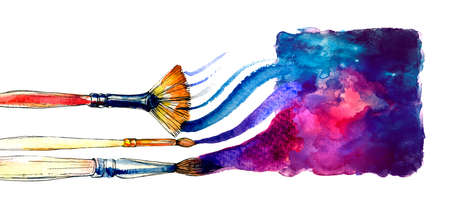 Watercolor brushes and colorful square vector on whiteの写真素材