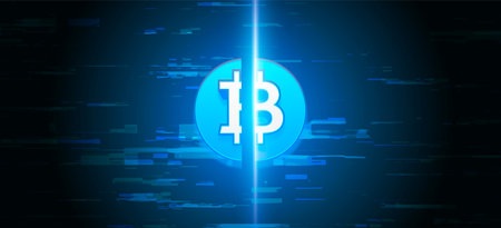 Bitcoin Halving. Coin on glitched backgroundのイラスト素材