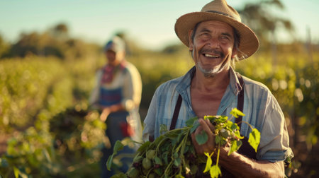 A candid farmers portrait on countryside backgroundの素材