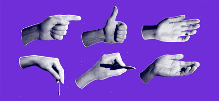 Set of halftone images of hands. Pop art retro style illustrationのイラスト素材