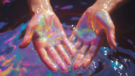 Hands Emerging From A Pool Of Iridescent Liquidの素材