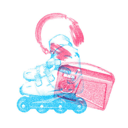 Risograph Print with Photocopy Effect Featuring a Roller Skate, Headphones, and Radio