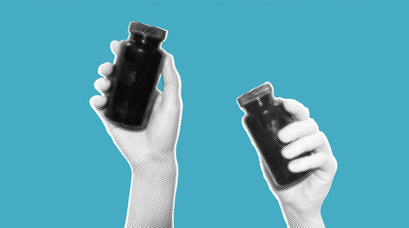 Two hands holding black bottles in halftone effect. Minimalist black and white graphic design for...
