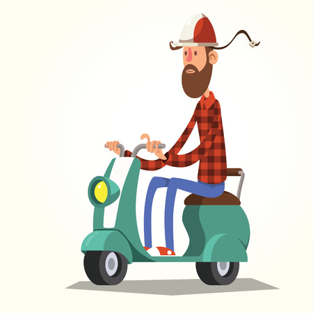 Hipster young man riding scooter flat illustration. Modern cartoon.のイラスト素材