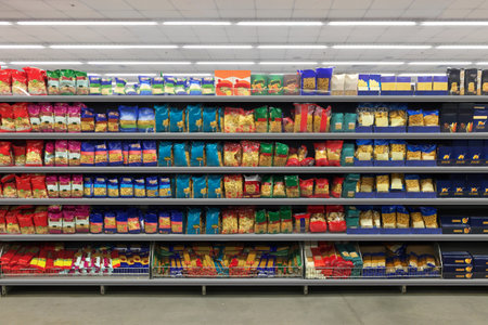 Pasta Packaging in a supermarket on a shelf. Suitable for presenting new diagram, planograms, plano...