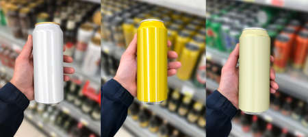 Beer can in hand. Mockup in front of shelf at supermarket Suitable for presenting new beer labels.