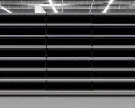 Empty Shelf at supermarket 3D illustration different shelf levels for variety of new design packagings and new brands in supermarket. Shelves Mockup for planograms, schematics and diagrams.の写真素材