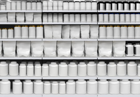 Body building supplements on shelf, mockup is suitable for presenting new packaging or label designs among many others.の写真素材