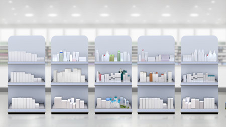 Hand cream, Drugs, pills, Skincare and Cosmetic products on shelf in pharmacy store. Suitable for presenting new products and new designs or labels among many others.の写真素材