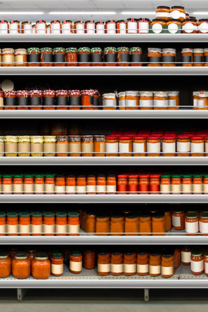 Salsa chilly sauce-dip jars for pasta, spaghetti and nachos with empty labels on shelf in the supermarketの写真素材