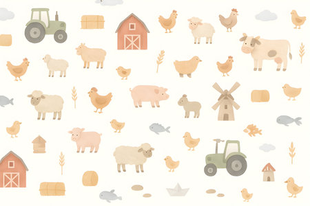Farm animals seamless pattern. Vector illustration with farm animals and tractor.の素材