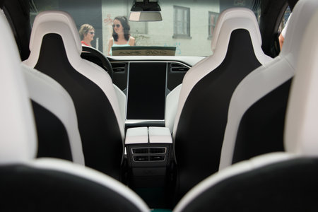 White seats of Tesla Y Model during the car show in 2019 at Peterborough, Ontario, Canada.のeditorial素材