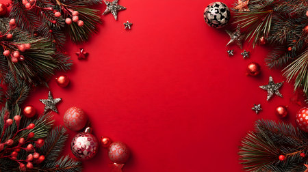 Christmas composition. Christmas tree branches, balls, stars on red background. Flat lay, top view, copy spaceの素材